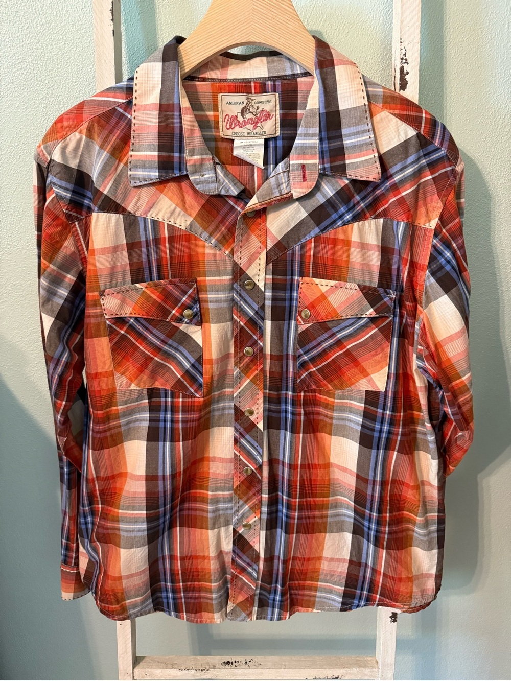 Wrangler American Cowboy Plaid Western Pearl Snap Shirt Large Orange Blue Cotton
